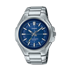 Casio watch with blue dial and silver metal strap on a white background