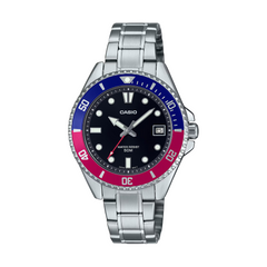 Casio watch with a silver bracelet and colorful bezel on a white background