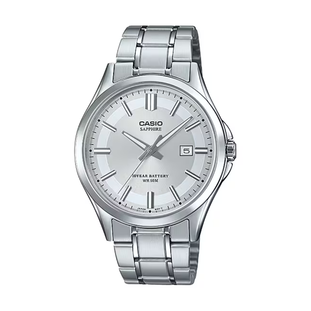 Silver Casio watch with a white face on a white background
