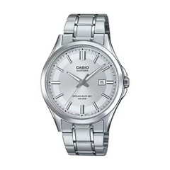 Silver Casio watch with a white face on a white background
