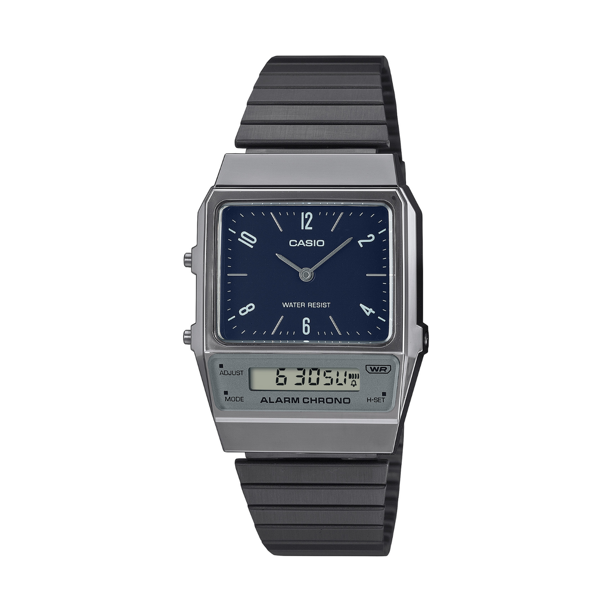 Casio watch with a black strap and blue face on a white background