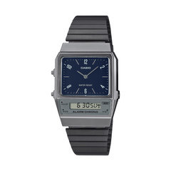 Casio watch with a black strap and blue face on a white background
