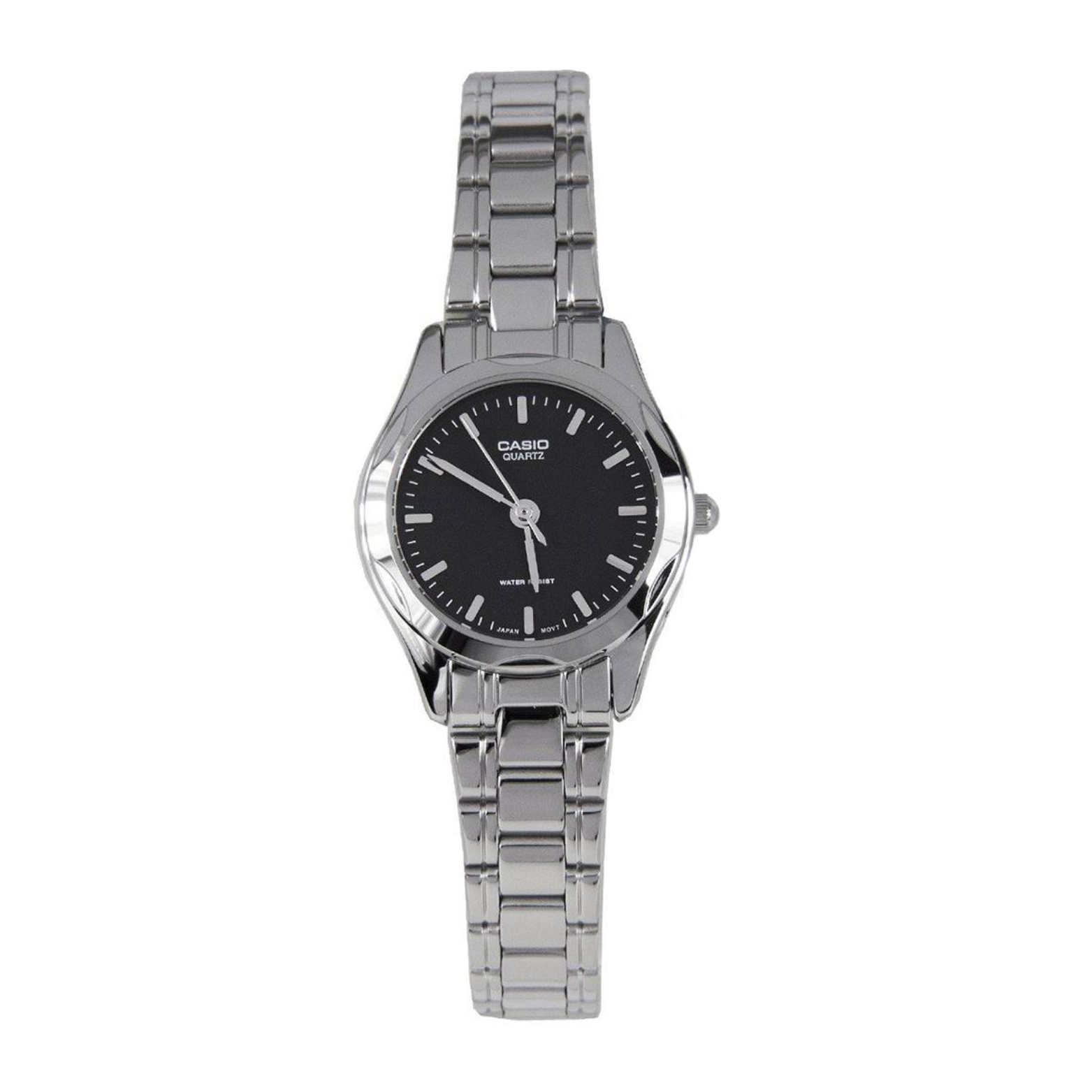 Casio watch with black dial and silver metal strap on a white background