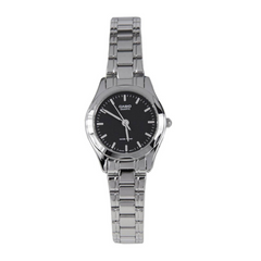 Casio watch with black dial and silver metal strap on a white background