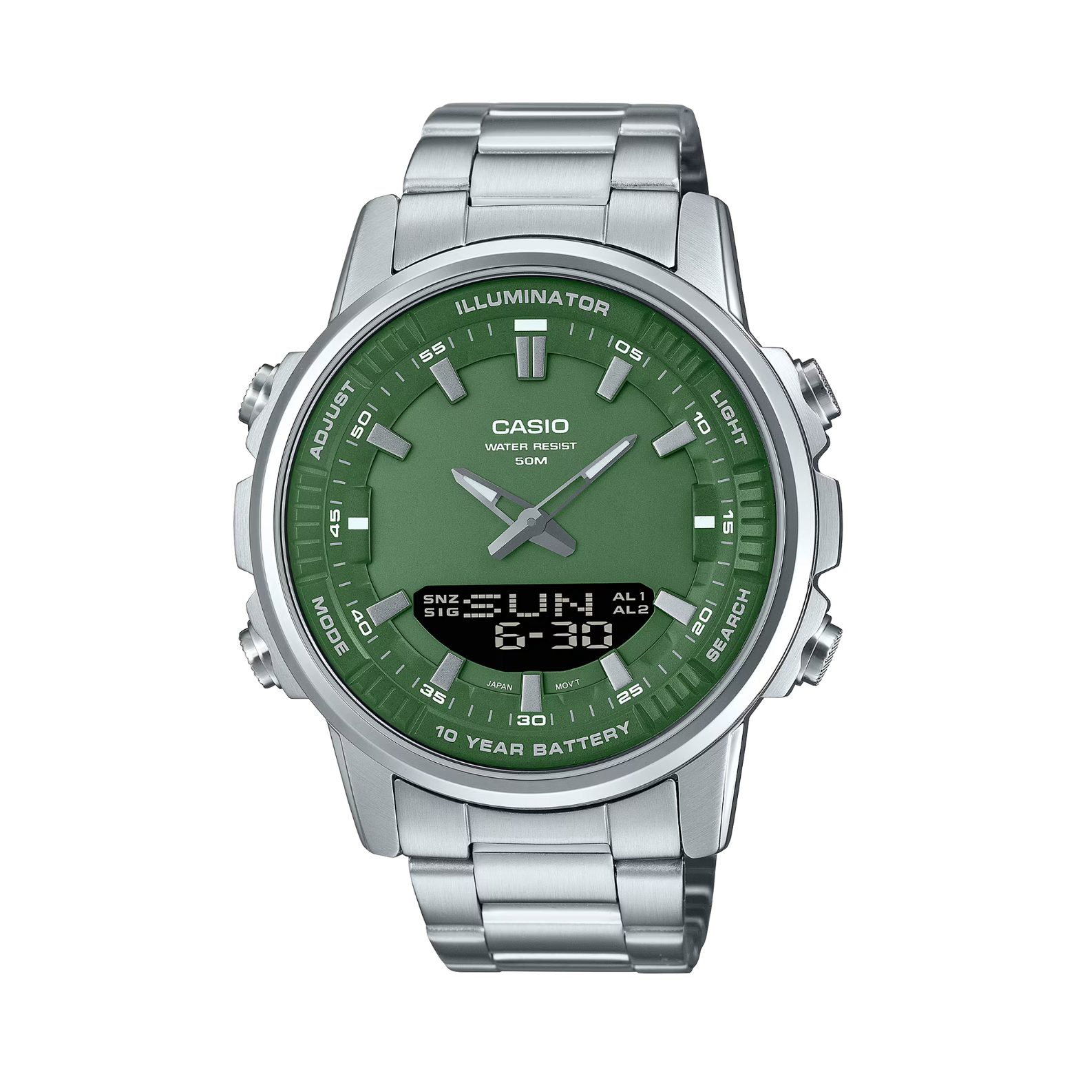 Casio watch with green face and silver metal strap on a white background