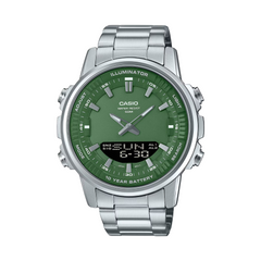 Casio watch with green face and silver metal strap on a white background