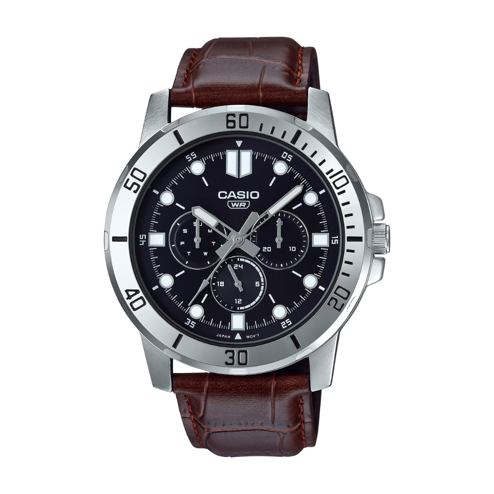 Casio watch with brown leather strap on a white background