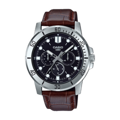 Casio watch with brown leather strap on a white background