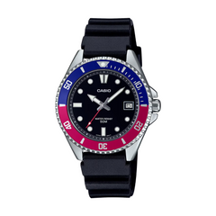 Casio watch with black strap, blue and red bezel on a white background