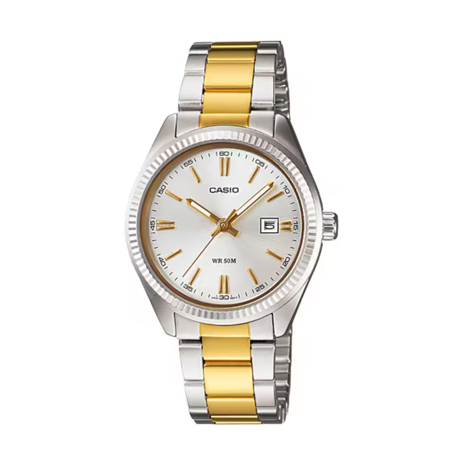 Casio watch with two-tone silver and gold bracelet on a white background