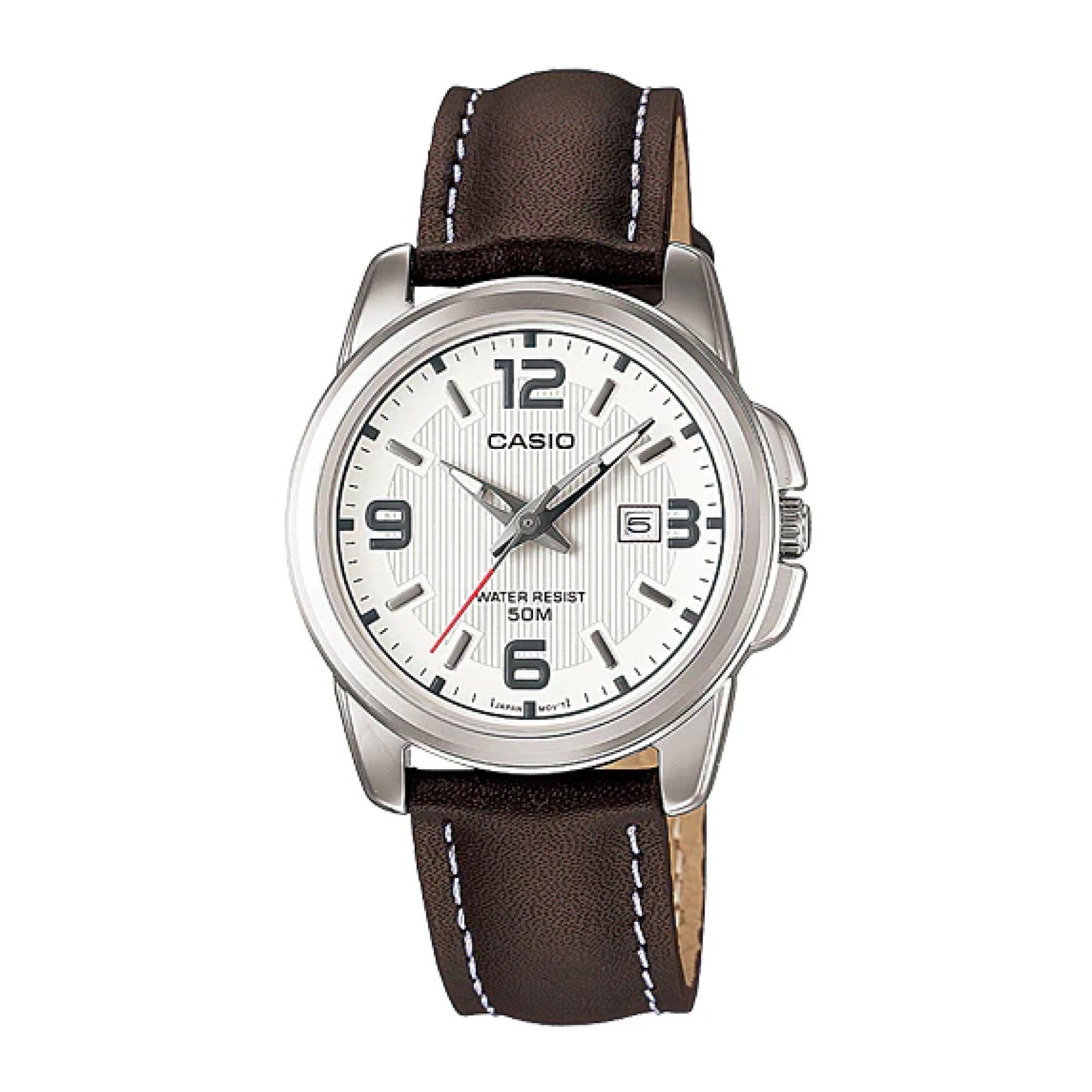 Casio watch with brown leather strap on a white background