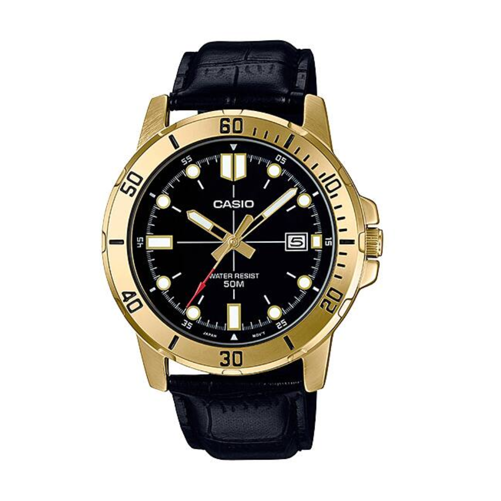 Casio watch with black face and gold casing on a white background