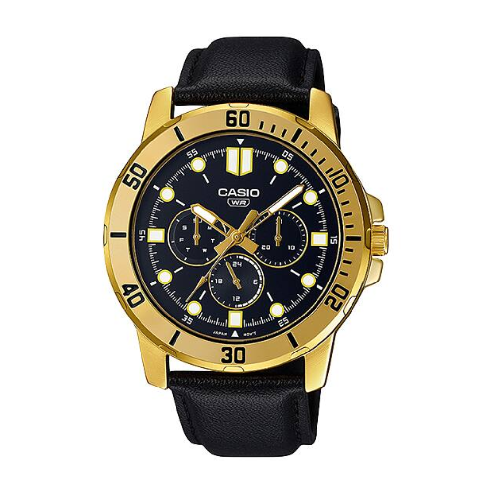 Casio watch with black strap and gold case on a white background