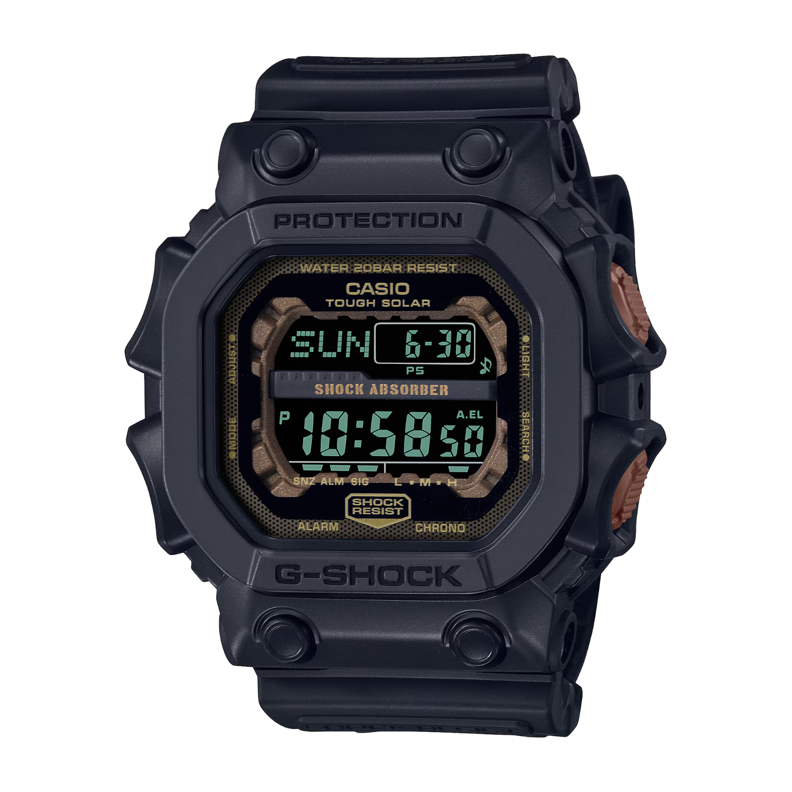 Black Casio G-Shock digital watch on a white background