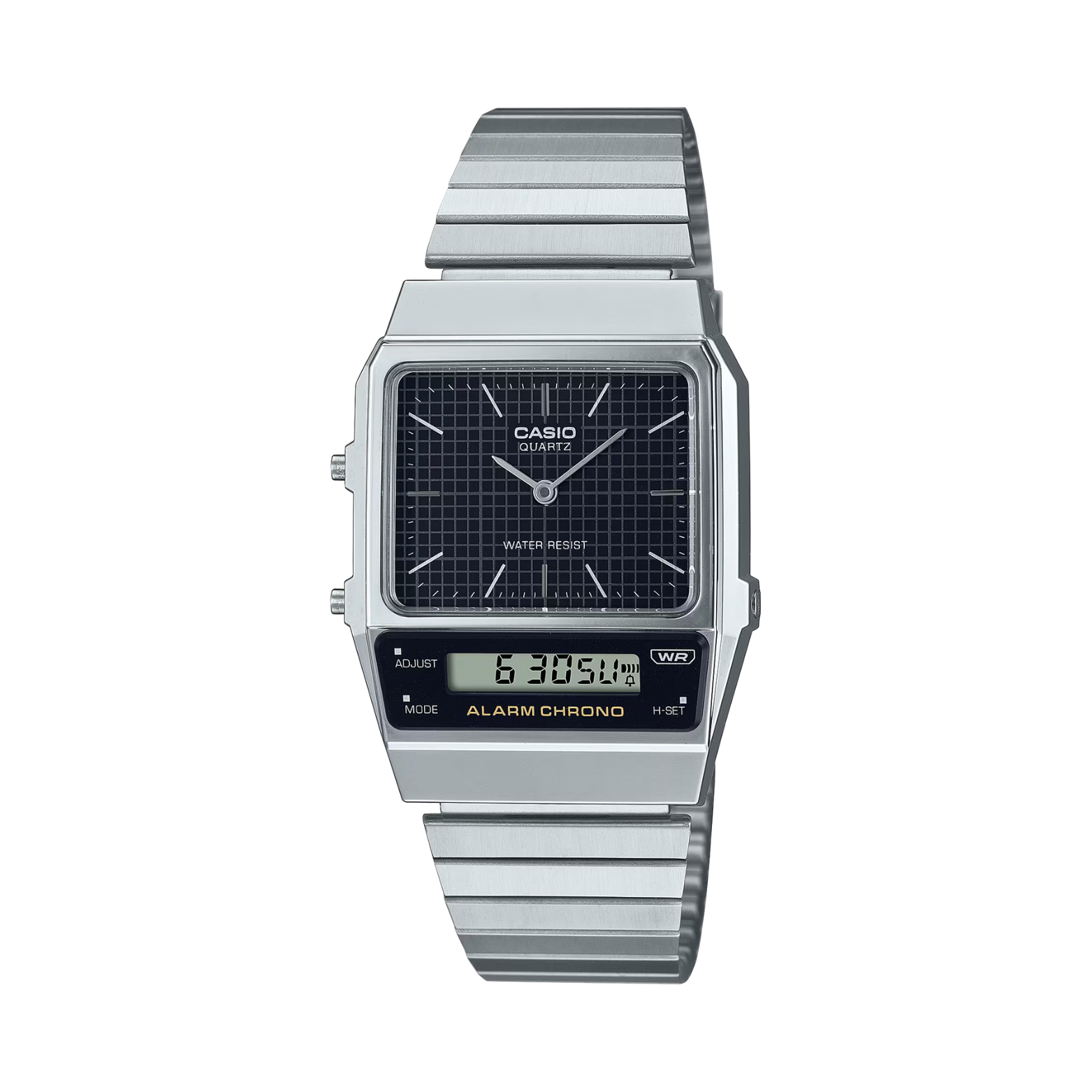 Silver Casio watch with digital display on a white background