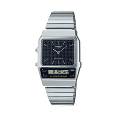 Silver Casio watch with digital display on a white background