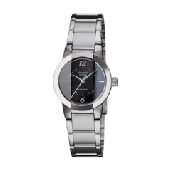 Silver Casio watch with black face on a white background