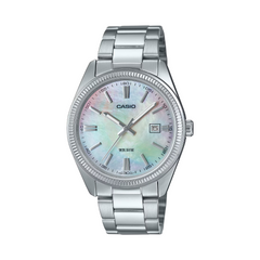 Silver Casio watch with a multicolor face on a white background