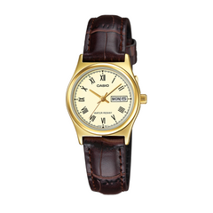 Casio watch with gold case and brown leather strap on a white background