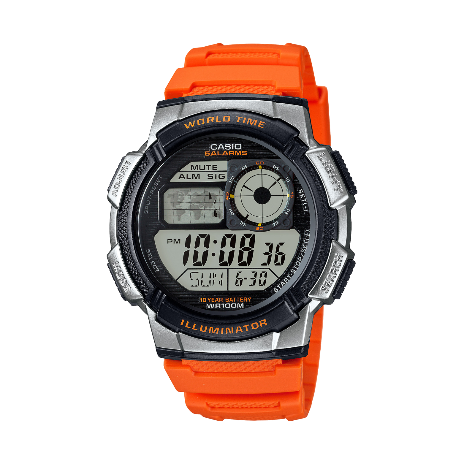 Digital watch with orange strap on a white background
