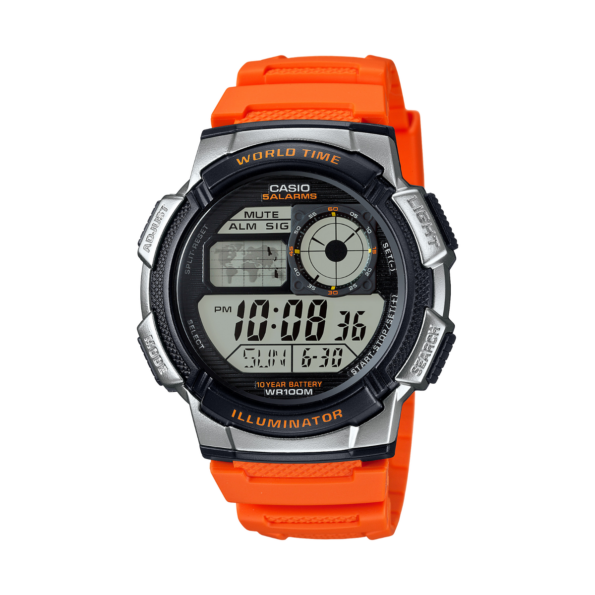 Digital watch with orange strap on a white background