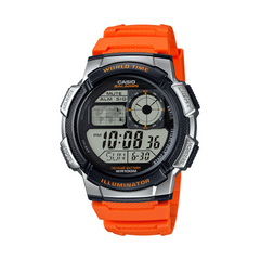 Digital watch with orange strap on a white background