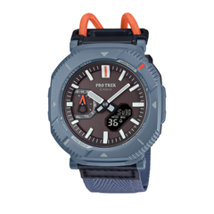 Casio Pro Trek watch with orange accents on a white background