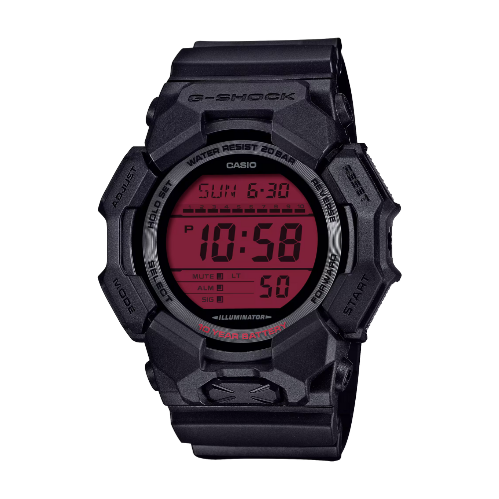 Black Casio G-Shock digital watch with red display on a white background