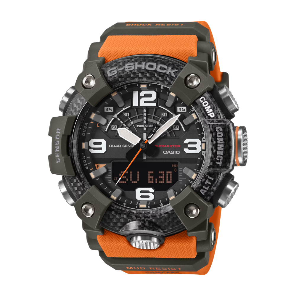 G-Shock watch with orange and black strap on a white background
