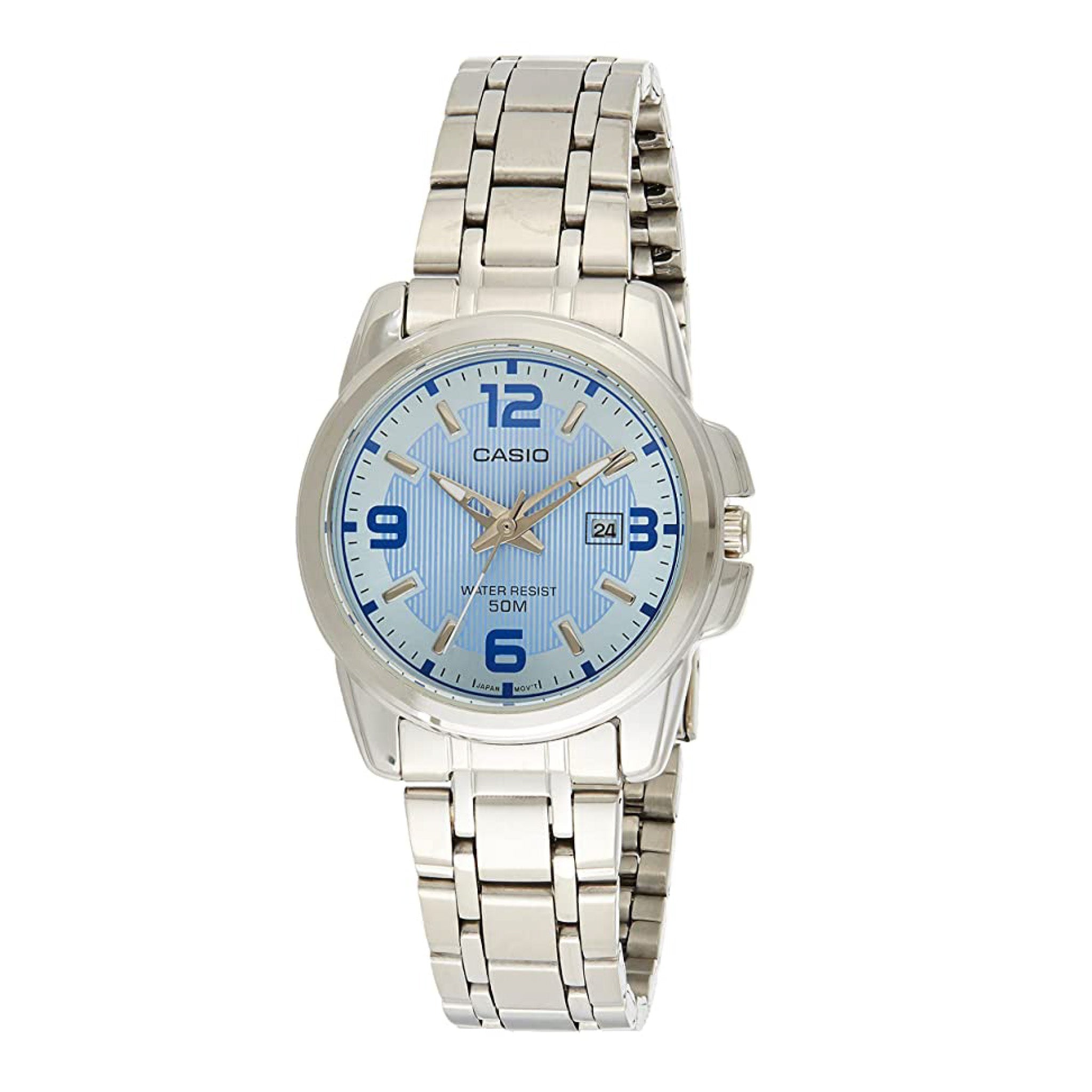 Casio watch with silver metal strap and blue dial on a white background