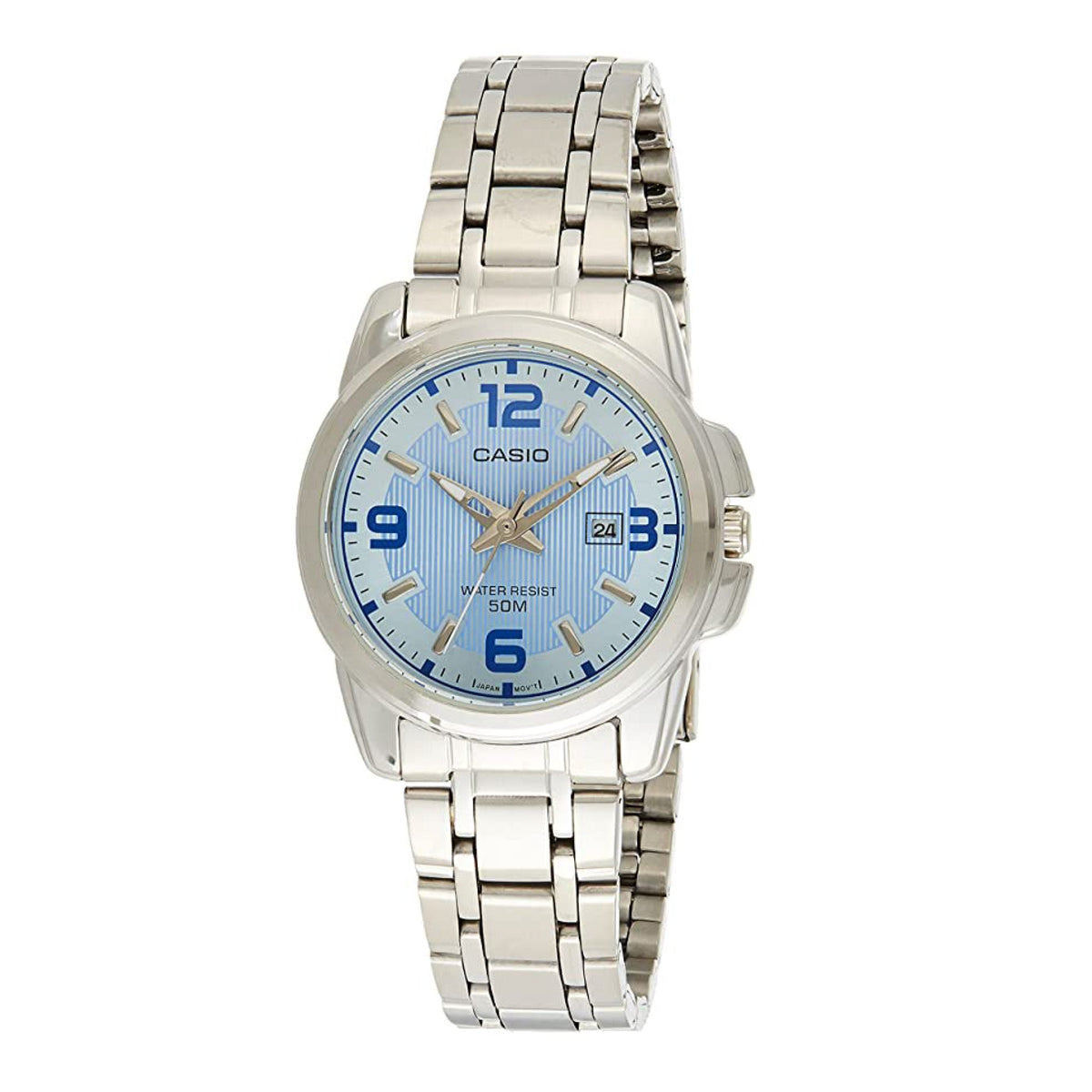 Casio watch with silver metal strap and blue dial on a white background