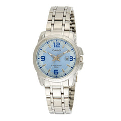 Casio watch with silver metal strap and blue dial on a white background