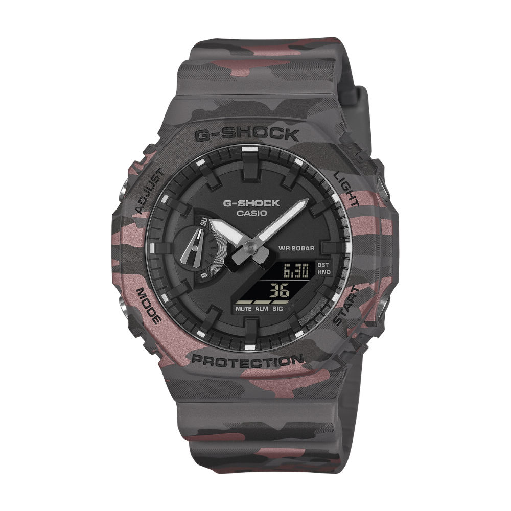 G-Shock watch with camouflage pattern on a white background