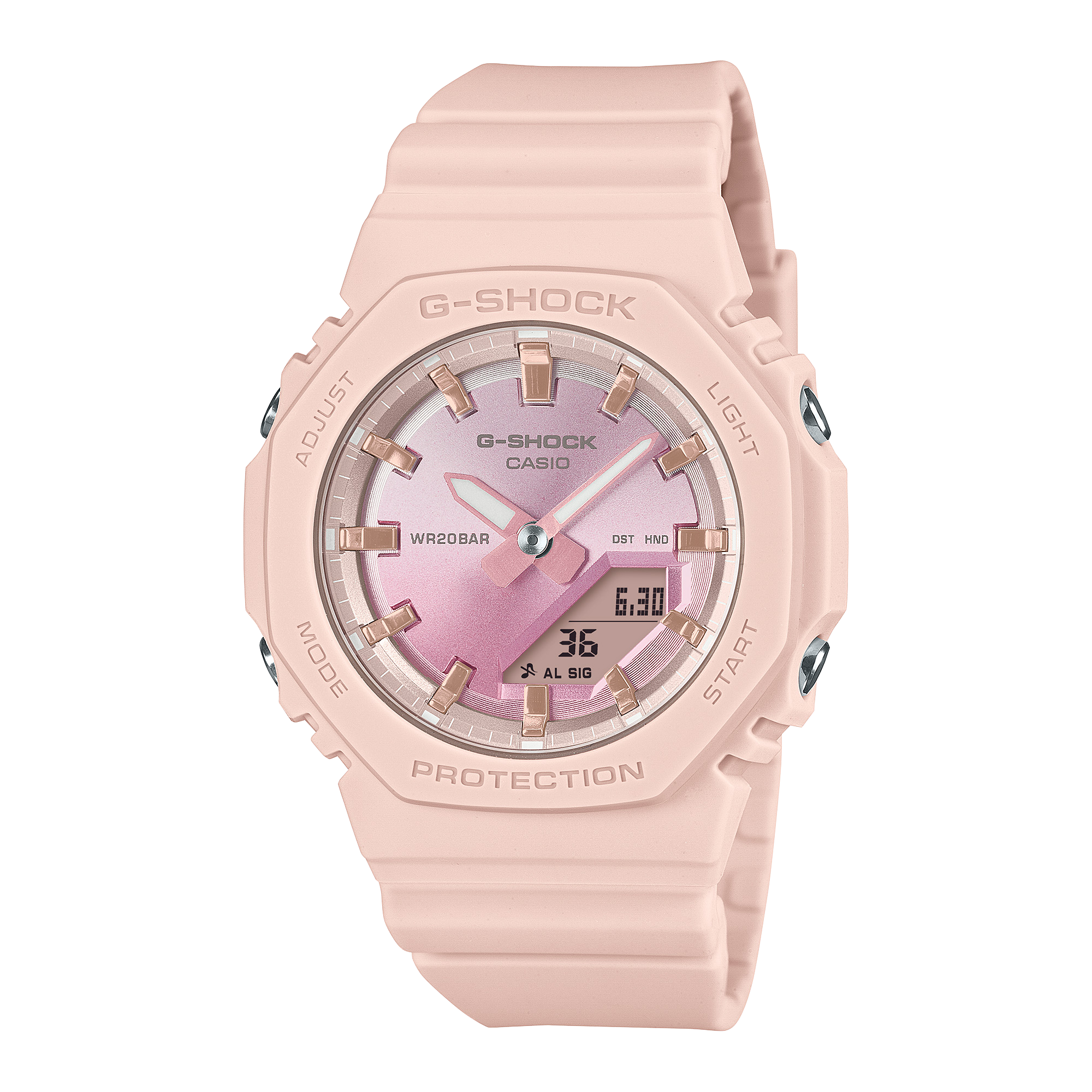 Pink G-Shock Casio watch on a white background