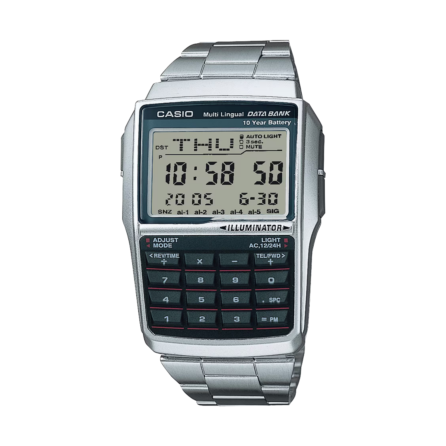 Casio digital watch with metal strap on a white background