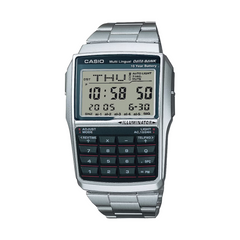 Casio digital watch with metal strap on a white background