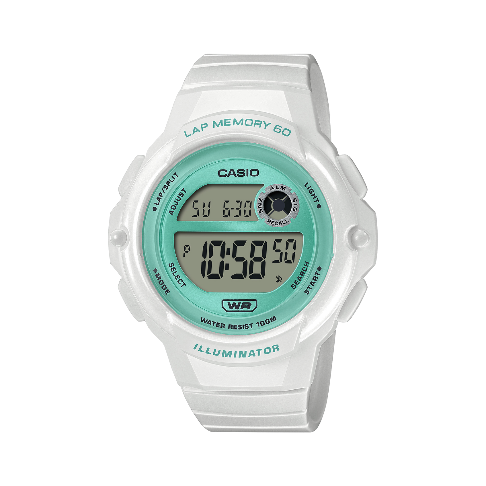 Digital watch with a white strap and turquoise face on a white background
