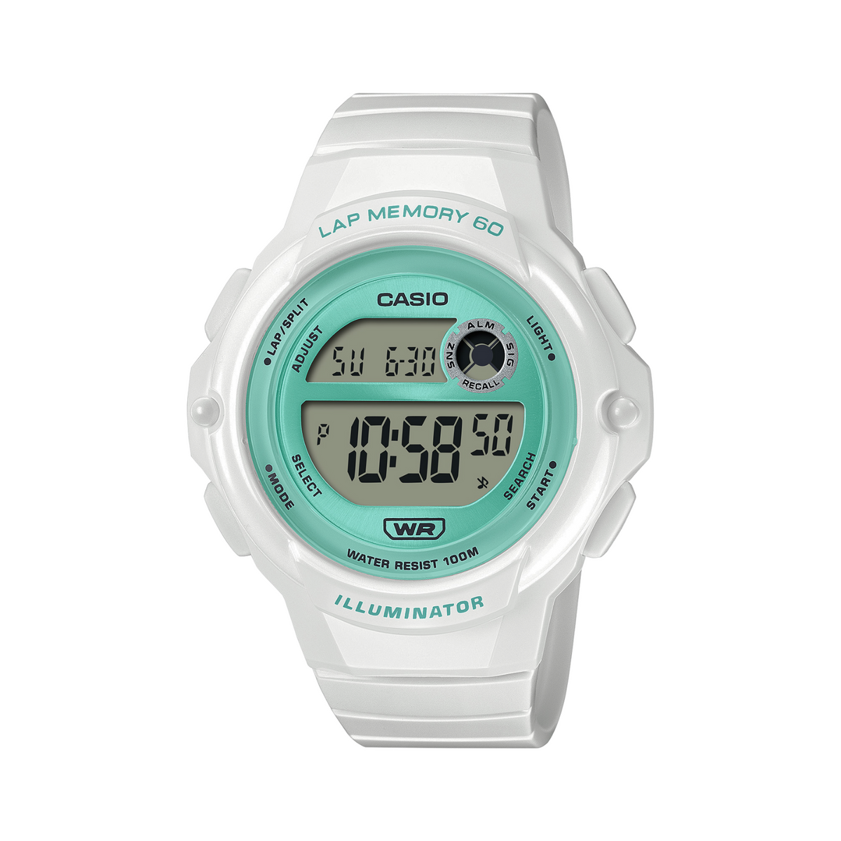 Digital watch with a white strap and turquoise face on a white background