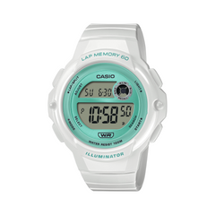 Digital watch with a white strap and turquoise face on a white background
