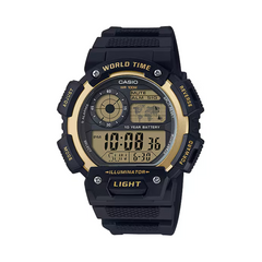 Black and gold Casio digital watch on a white background