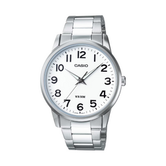 Casio watch with silver metal strap on a white background