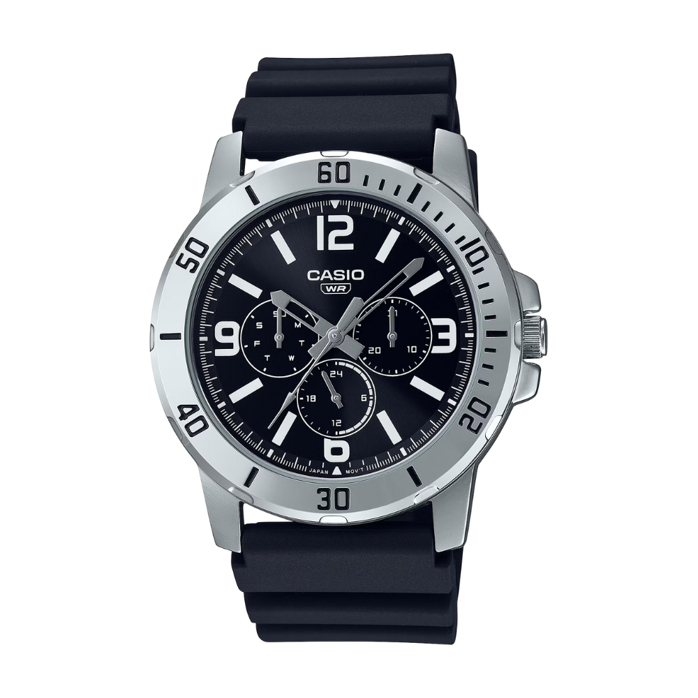 Casio watch with black strap and black dial on a white background