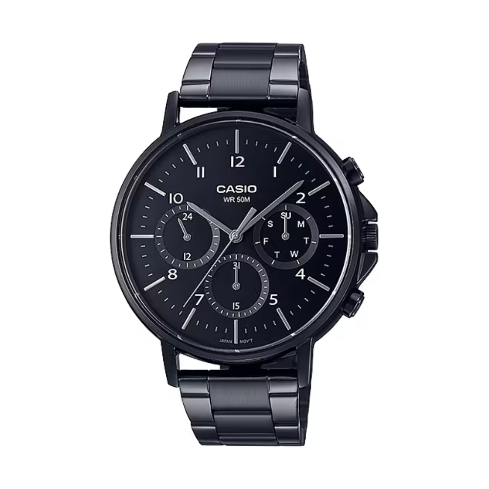 Black Casio watch with a detailed face on a white background