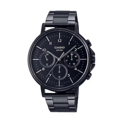 Black Casio watch with a detailed face on a white background