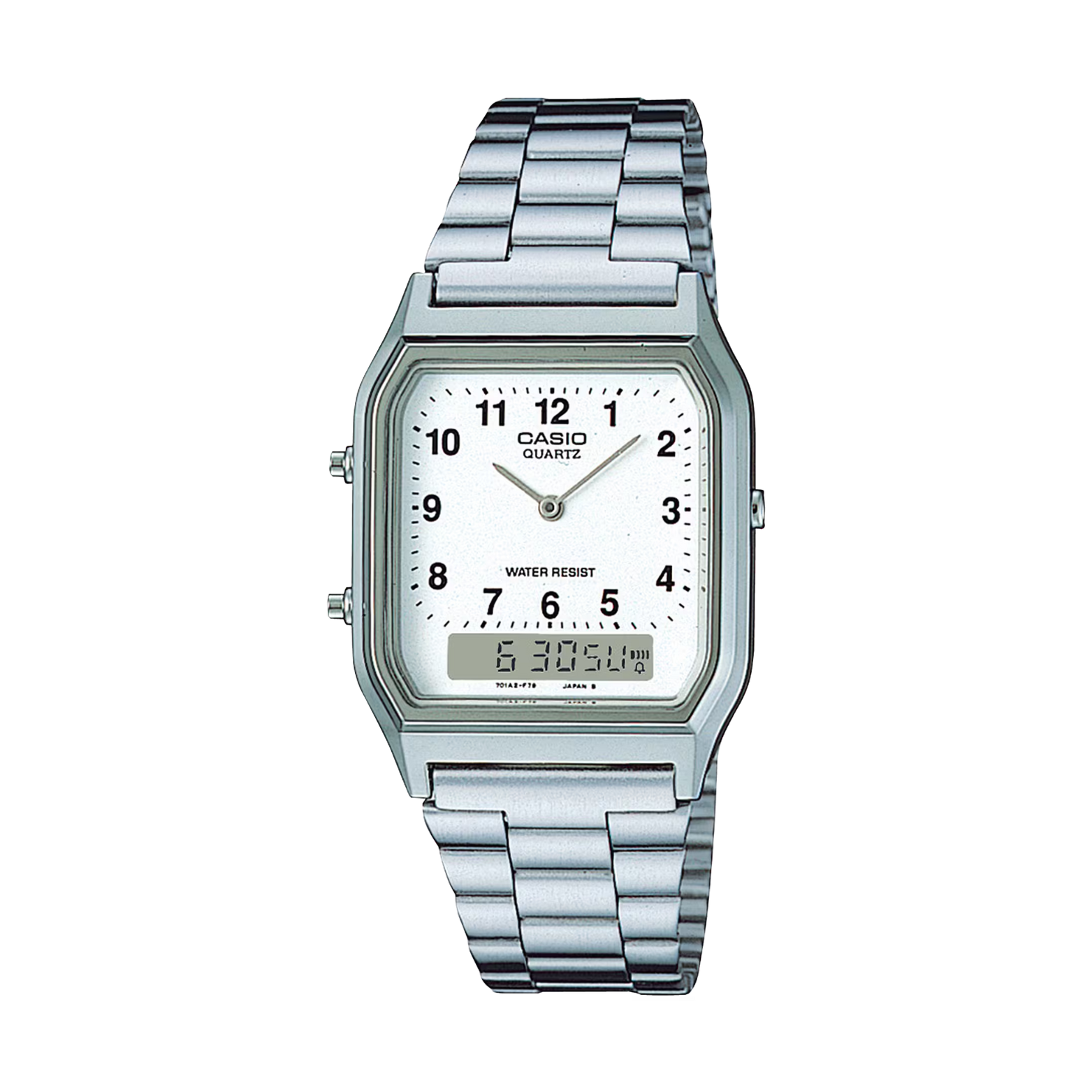 Silver Casio watch with a white face on a white background