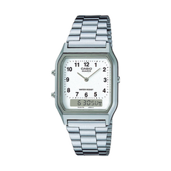 Silver Casio watch with a white face on a white background