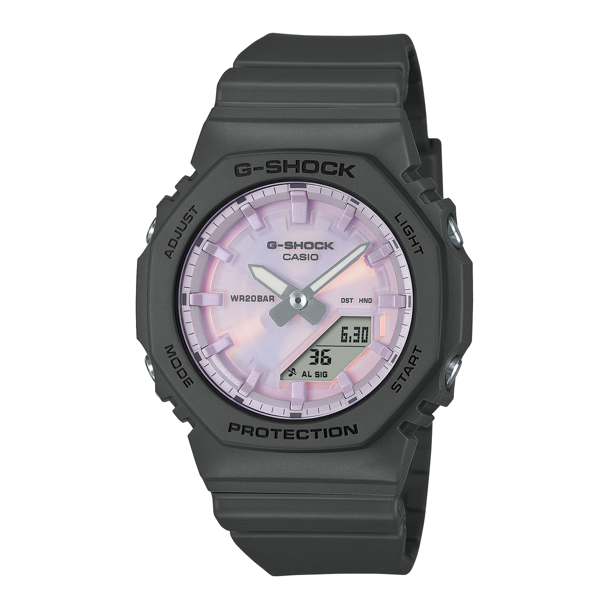 G-Shock watch with a dark gray case and light face on a white background