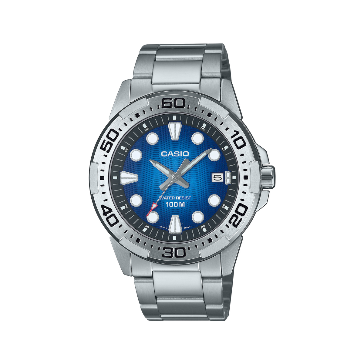 Casio watch with blue dial and silver metal strap on a white background