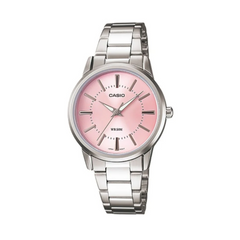 Casio watch with pink dial and silver bracelet on a white background