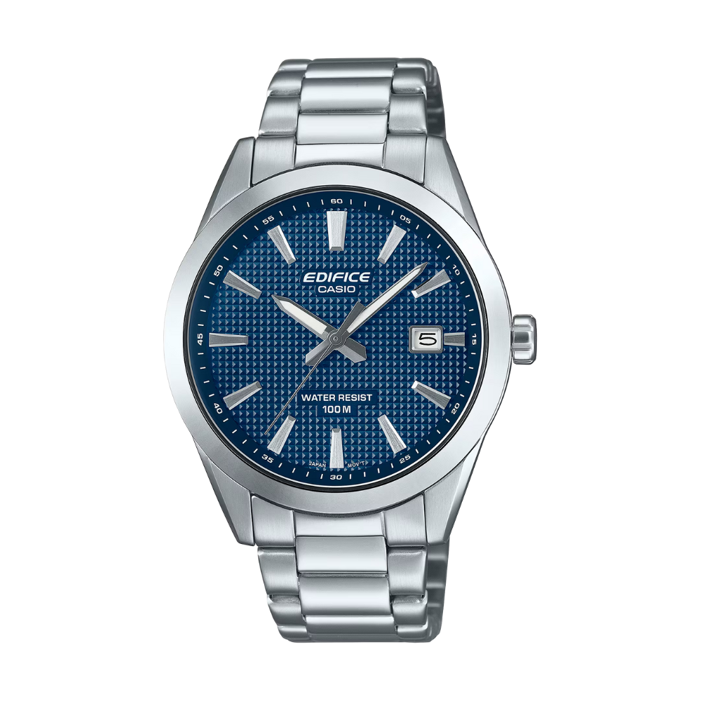 Silver Casio Edifice watch with blue dial on a white background